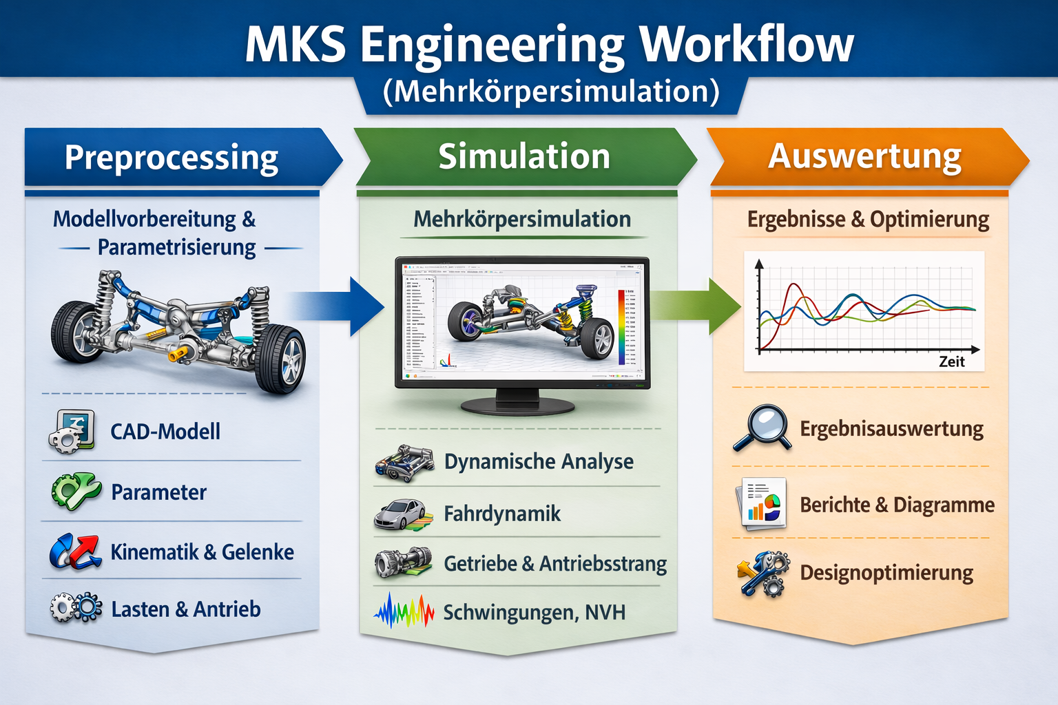 MSC ADAMS MKS-Workflow: von der Modellkonzeption über Simulation bis zur Ergebnisauswertung